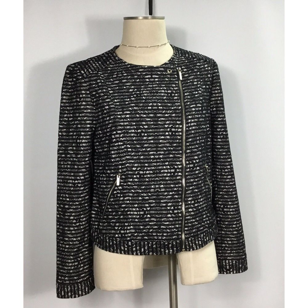 The Limited Designer Blouse jacket Womens Sz M Zipup black‎ white zip pockets